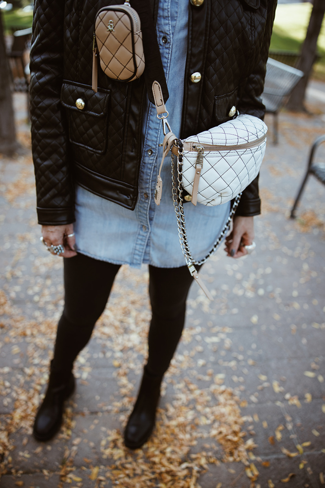 Faux leather leggings, black leather jacket, white tee, layering tee,  Chanel backpack, v-10 sneakers, black leg…